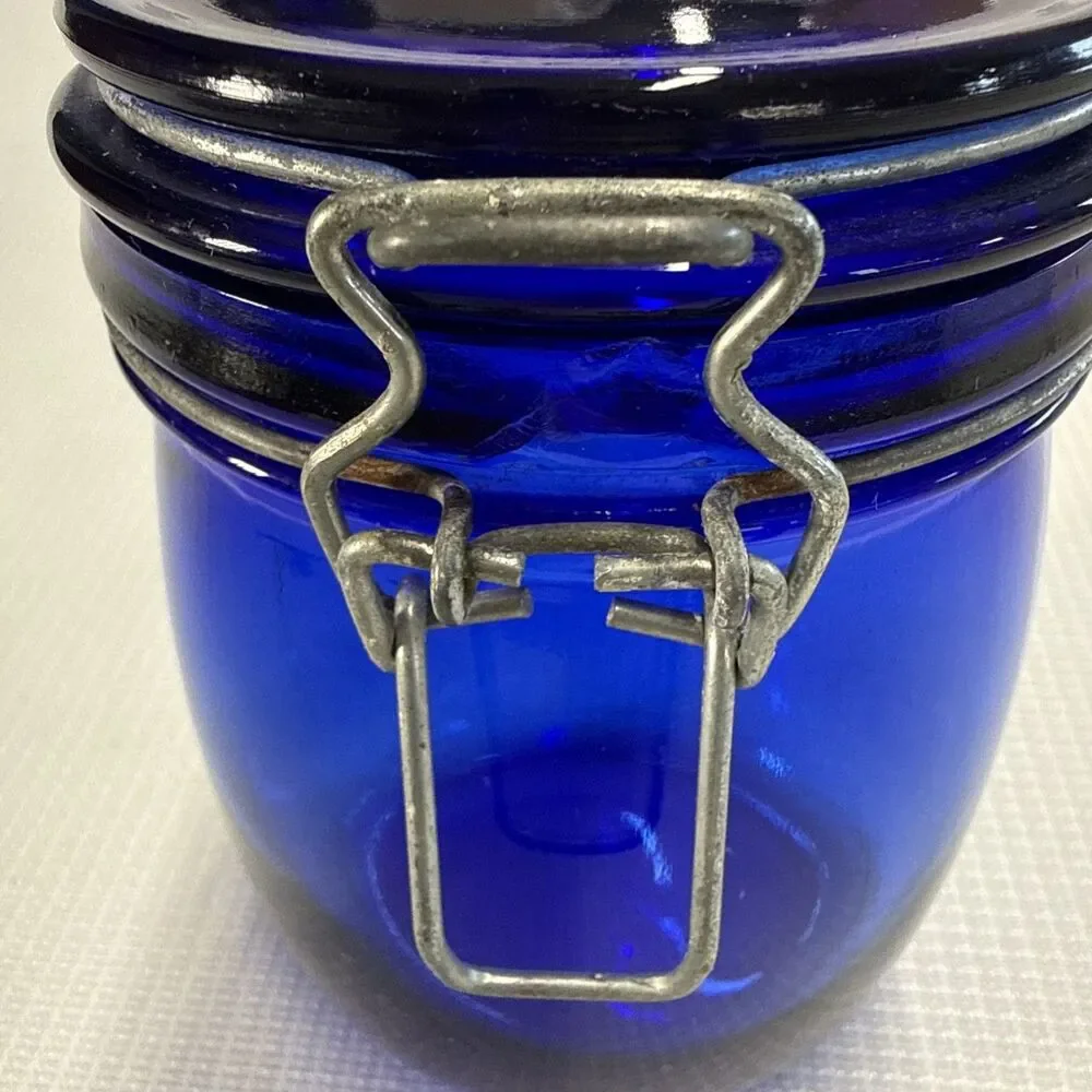 RARE! Vintage Cobalt Blue Glass Storage Jar Wire Bale Gasket Lid 5.75